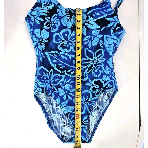 Vintage 90s/ Y2K Catalina Swimsuit Plus Size 1XL(16W) 1pc Blue Floral Ribbed - Picture 9 of 13